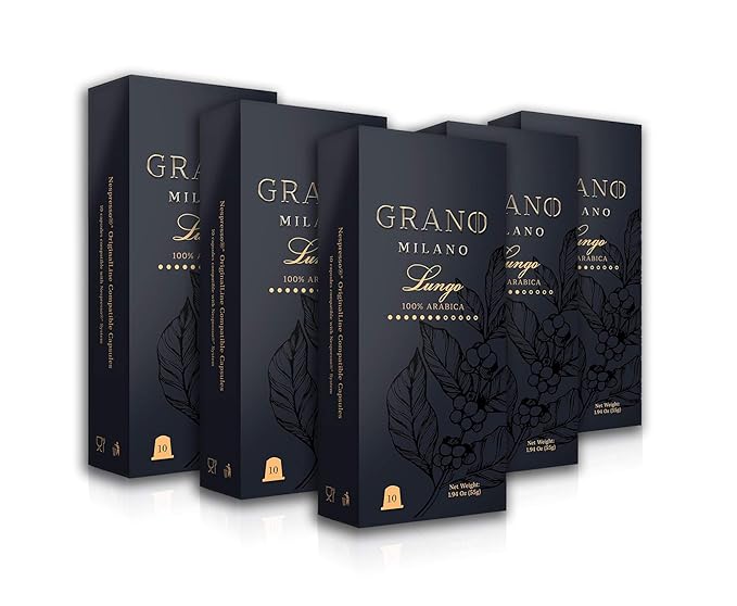 Grano Milano Lungo - 50 Espresso Pods Compatible with Nespresso Original line, 100% Arabica Medium Roast - Intensity 7/12, Coffee Capsules Made in Italy Espresso Coffee
