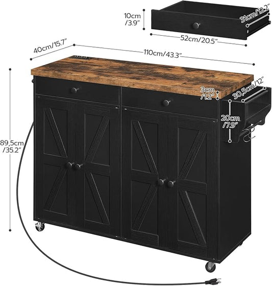 HOOBRO Kitchen Island with Power Outlet, 43.3" Rolling Island with Storage, Kitchen Cart with Spice Rack and Hooks, for Living Room, Rustic Brown and Black BF11UZD01