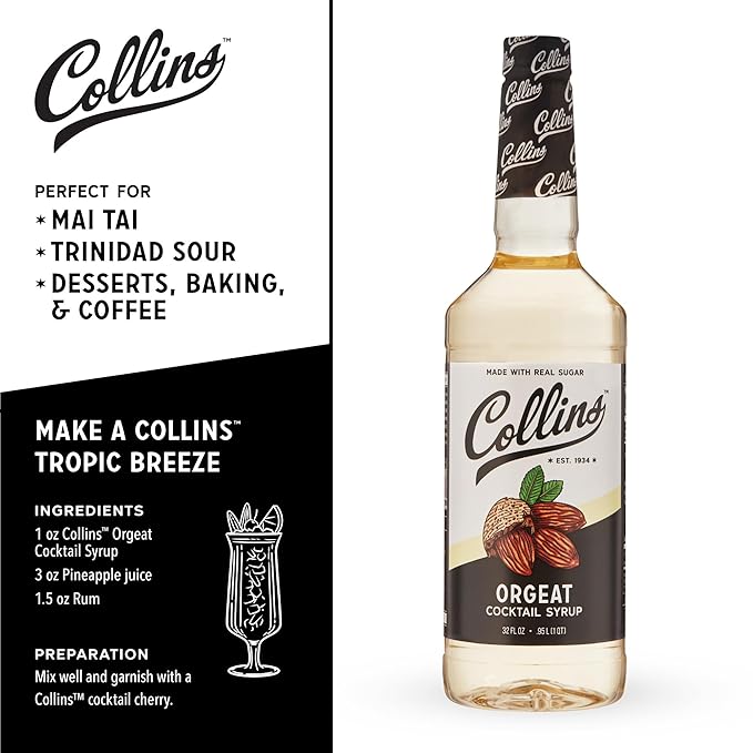 Collins Orgeat Syrup, Almond Syrup for Coffee, Tiki Drinks and Mai Tais, Cocktail Mixer with Floral Notes, 32 Ounces, Set of 1