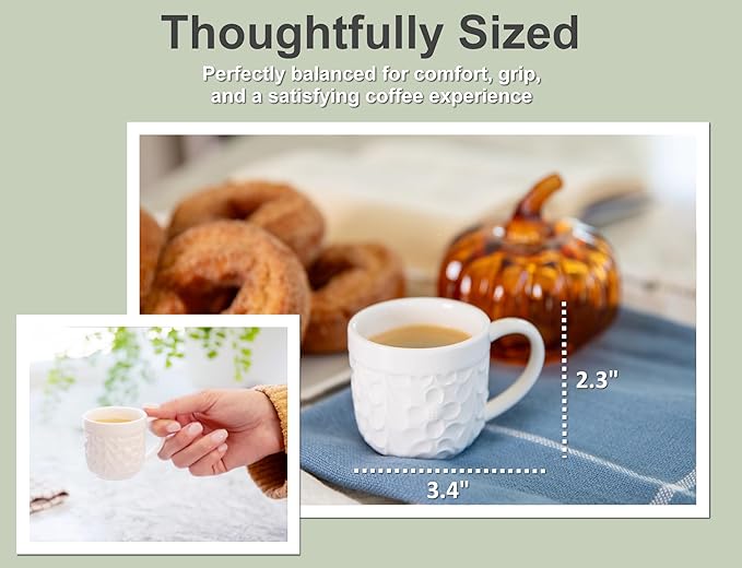 Ceramic Espresso Cups Set of 4 - White Cappuccino Cup with Nature-Inspired Engravings and Comfort-Grip Handle - 3.3 Oz Small Lead-Free Coffee Shot Mugs Safe for Dishwasher, Microwave, Oven, Freezer