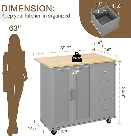 SUNLEI Kitchen Island on Wheels with Storage Cabinet & Foldable Drop Leaf, Rolling Kitchen Table, Cart Handle for Towel Rack, Drop Leaf, Portable Islands for Kitchen (Cement Gray, 39.7-INCH)