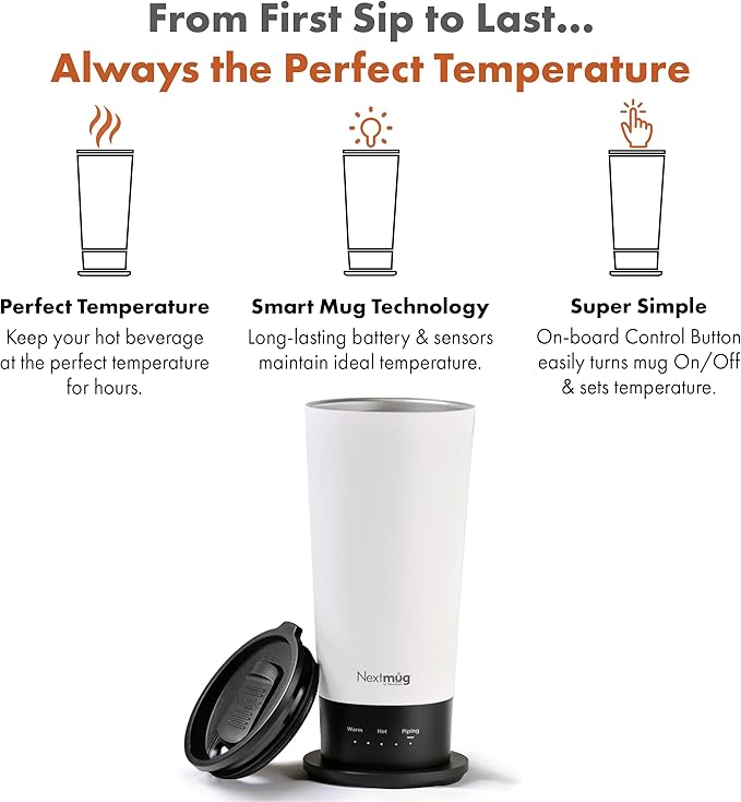 Nextmug Go - Temperature-Controlled, Self-Heating Travel Mug (White - 16 oz.)