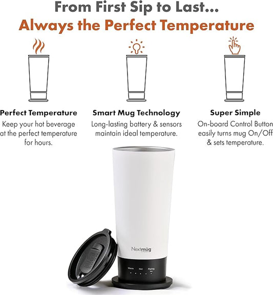 Nextmug Go - Temperature-Controlled, Self-Heating Travel Mug (White - 16 oz.)