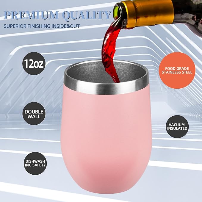 12oz Wine Tumbler with lid, Stainless Steel Travel Mugs Stemless Double Wall Insulated Coffee Cup, Insulated Wine Glasses Travel Tumbler for Cold & Hot Drinks(Light Pink, 1)