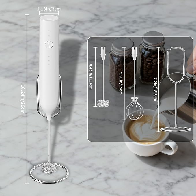 Kitchen Milk Frother Handheld with Stand, 3 Speeds Adjustable Mixer Electric Handheld Frother Wand, Hand Mixer Matcha Whisk Coffee Stirrers for Matcha, Hot Chocolate, Egg, Lattes - White