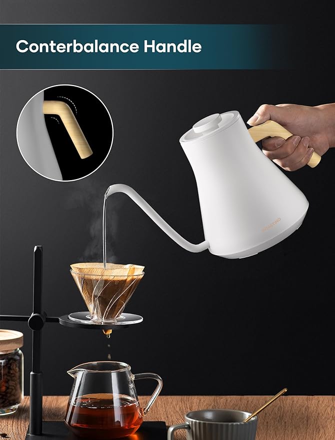 INTASTING Electric Kettles, Gooseneck Electric Kettle, ±1℉ Temperature Control, Stainless Steel Inner, Quick Heating, for Pour Over Coffee, Brew Tea, Boil Hot Water, 0.9L White