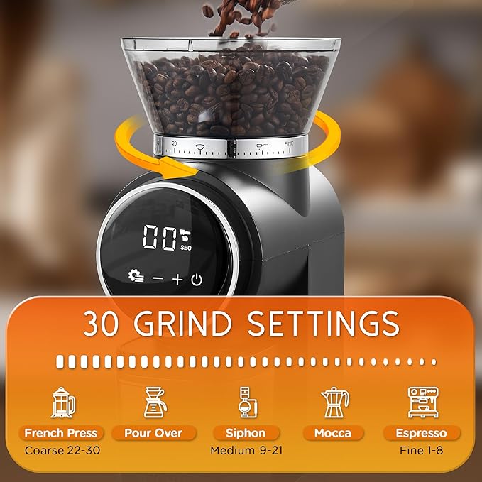 Burr Coffee Grinder Electric, Conical Coffee Grinder with Adjustable Grinding, Touchscreen Burr Mill Grinder for Home, Up to 12 Cups, Upgraded for Espresso, Drip & French Press