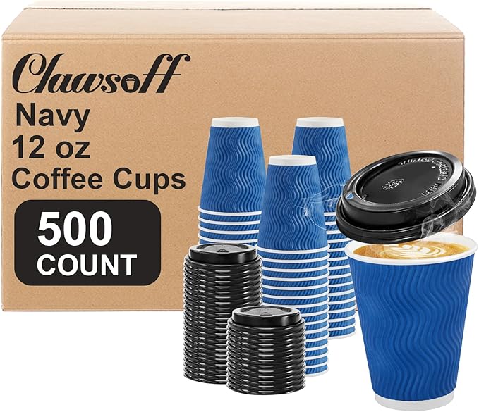 Clawsoff 500 Pack Coffee Cups with Lids 12oz, Disposable Insulated Ripple Wall To Go Paper Coffee Cups for Hot/Cold Drinks Office Home Shop Event (Navy)