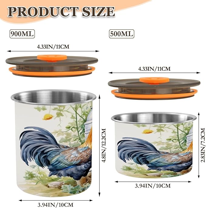 YETTASBIN Rooster Airtight Food Storage Containers 500ml/19oz, Stainless Steel Coffee Canisters with Vacuum-Lock Lid for Kitchen Organization, Coffee Bean, Tea, Sugar, Flour