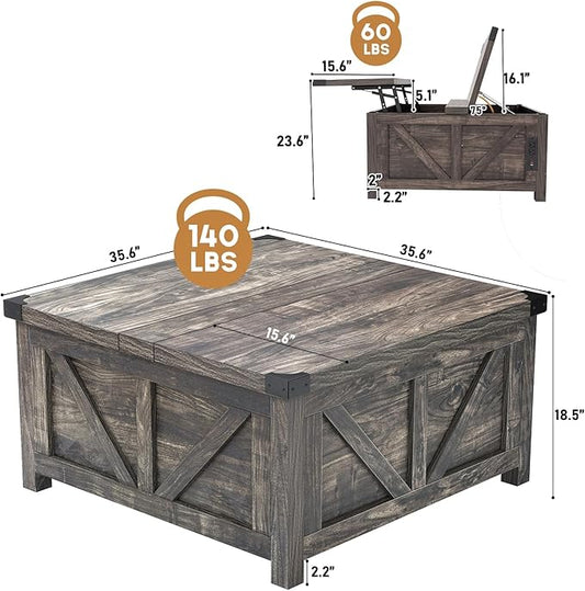 Farmhouse Lift Top Coffee Table with Storage, Wood Square Center Table with Charging Station&USB Port, Living Room Table w/Large Hidden Space, for Living Room, Bedroom, Home Office, Dark Grey
