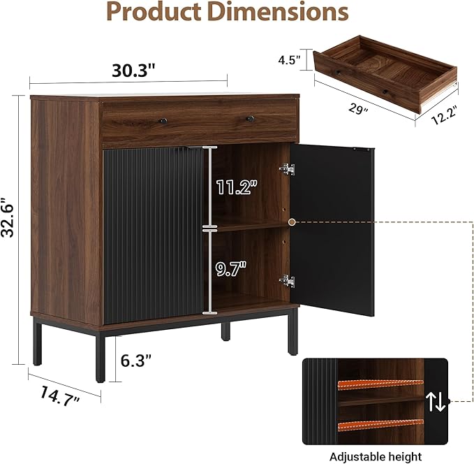 Mericonia Farmhouse Buffet Sideboard Cabinet with Storage, Fluted Coffee Bar with Doors and Adjustable Shelves, Modern Wood Cabinet for Kitchen, Livingroom (Fluted 2 Door, Walnut & Black)
