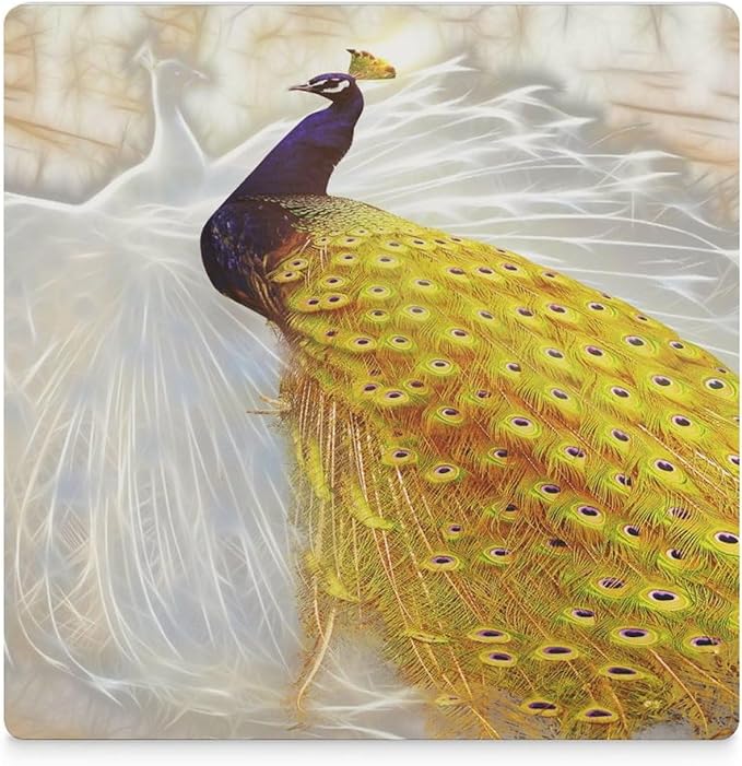 Square-4PCS Peacock Ceramic Coasters, Square Absorbent Drink Coasters, Vintage Style Beautiful Gold White Peacock Ceramic Table Coasters for Coffee, Beverage, Wine, Beer Coasters