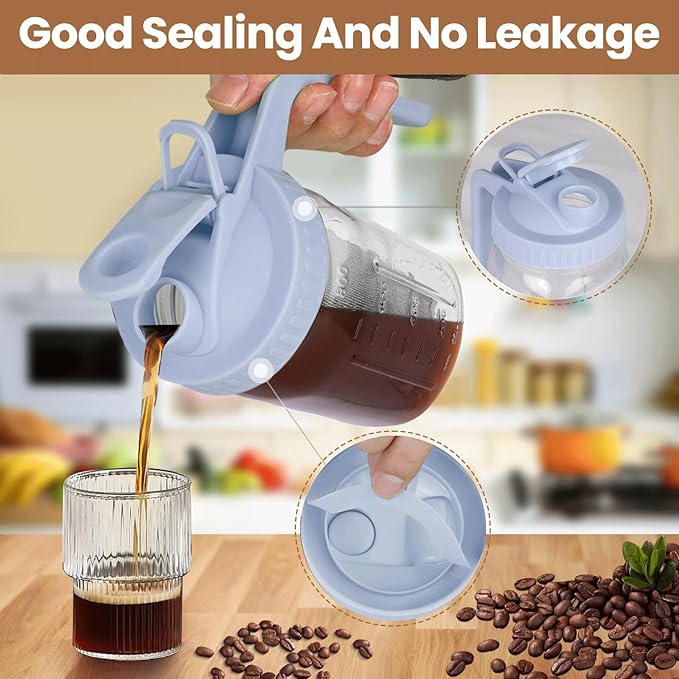 QHH Cold Brew Coffee Maker,32 oz Mason Jar Pitcher with Stainless Steel Filter, Pour Spout Handle Lid, Heavy Duty Glass Airtight & Leak-Proof Pitcher for iced coffee Tea Lemonade-Gray