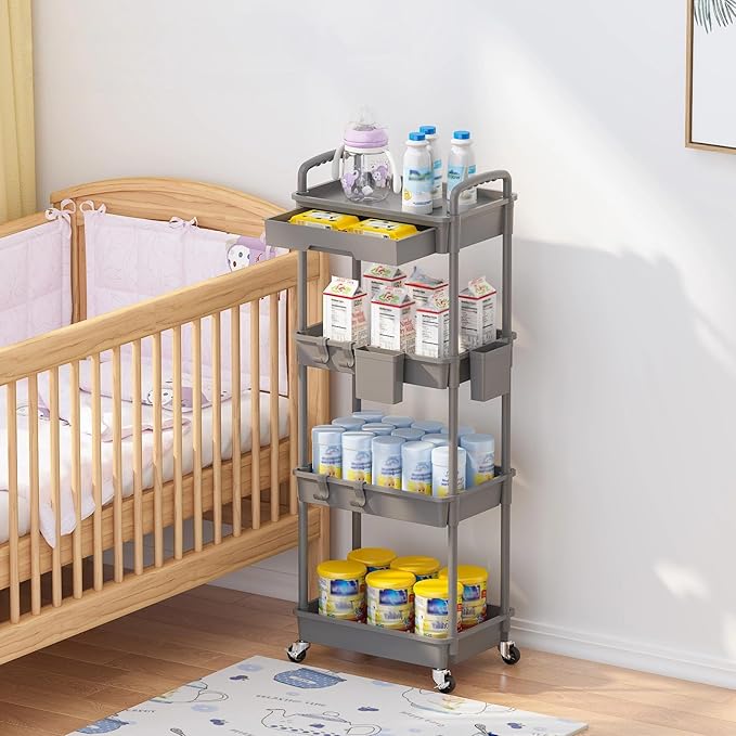 4 Tier Rolling Utility Cart with Drawer, Plastic Storage Organizer Rolling Carts with Wheels Handles Hanging Cups Hooks for Office, Bathroom, Kitchen,Craft Art Room (Grey)