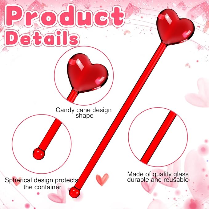12 Pcs Heart Glass Drink Stirrers 7 Inch Swizzle Sticks for Cocktails Coffee Reusable Heart Shape Stir Sticks for Coffee Bar Kitchen Home Party Bar Weddings Decorations