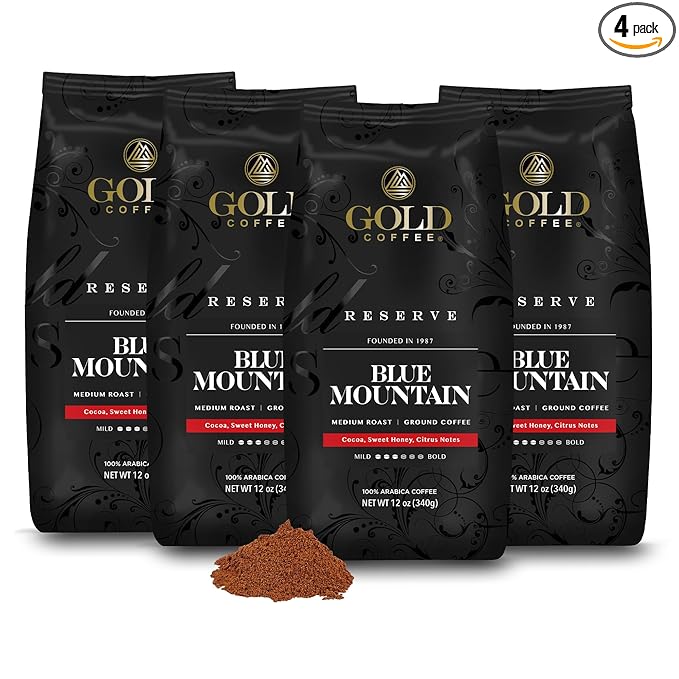 Gold Coffee | Blue Mountain Premium Blend, Medium Roast, Ground | 100% Arabica Coffee, 12 oz. (Pack of 4)