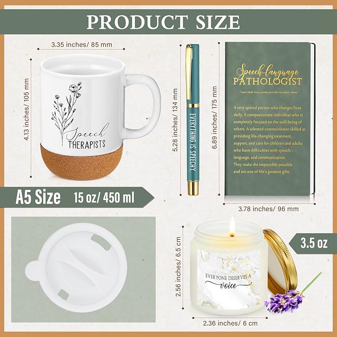 4 Pcs Speech Therapist Gift Set Therapy Speech Language Pathologist Gift for Men Women Slp Thank You Appreciation Notebook Coffee Mug Scented Candle Ballpoint Pen for Therapist Coworker