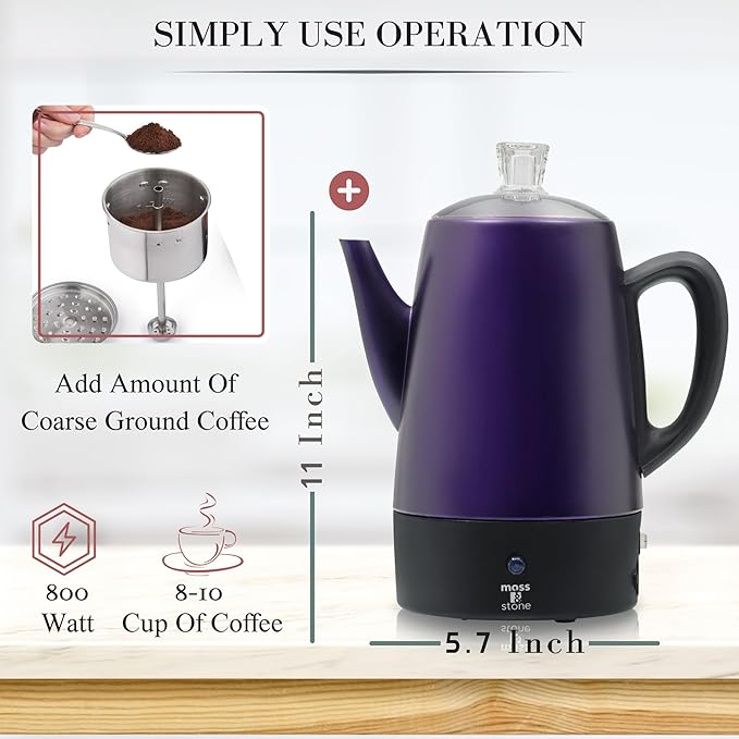 Moss & Stone 10 Cup Purpale Percolator Coffee Pot Electric, Stainless Steel Coffee Percolator Electric With Keep Warm Function, Classic Perculator Pot With Removable Basket for Home or Office