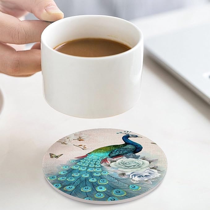 Round-4PCS Peacock Ceramic Coasters, Round Absorbent Drink Coasters, Vintage Tree Branch Beautiful Teal Peacock Floral Ceramic Table Coasters for Coffee, Beverage, Wine, Beer Coasters