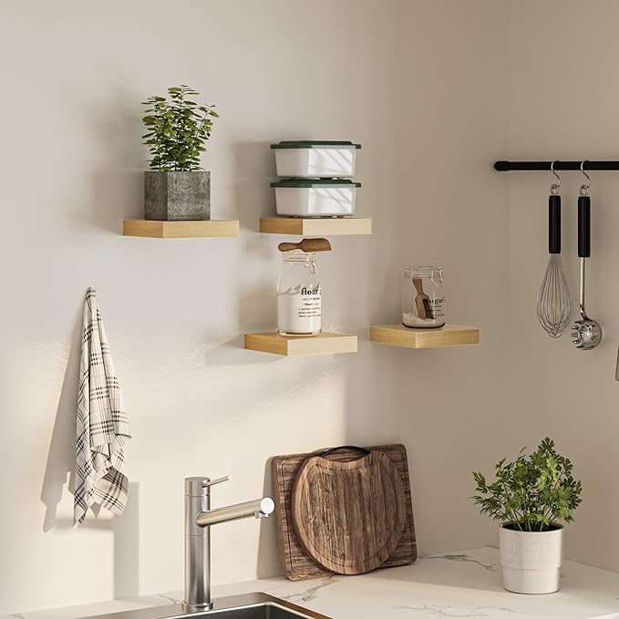 Square Floating Shelves for Wall, 7.5" W x 7.5" D x 1.4" H, Small Wooden Wall Mounted Display Shelf with Invisible Brackets for Living Room, Bathroom, Kitchen Decor, Set of 4, Oak