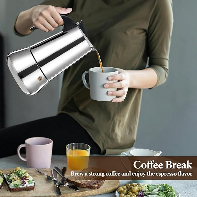 12 Cup Moka Pot Percolator Italian Coffee Maker 600ml Stovetop Espresso Mocha Stainless Steel Greca Coffee Maker Classic Cafe Makers Suitable for Induction Cookers Ceramic Stoves Tummy
