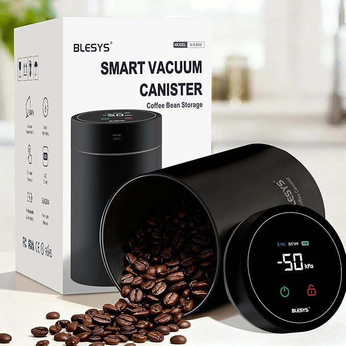 Smart Vacuum Coffee Canister, Automatic Stainless Steel Food Storage Container, LCD Monitoring, One-touch Freshness, Date Tracker, Extra-long Standby Time, holds 11oz Coffee Beans (Black, 0.9L)