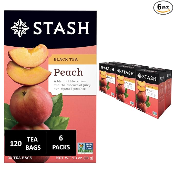 Stash Tea Peach Black Tea, 6 Boxes With 20 Tea Bags Each (120 Tea Bags Total)