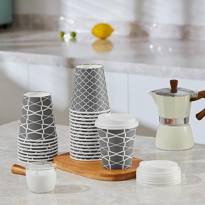 JOLLY PARTY Disposable Coffee Cups with Lids -10 oz (100 Sets) To Go Coffee Cups, Paper Cups for Beverages Espresso Tea, Suitable for Cafes, Offices and Home