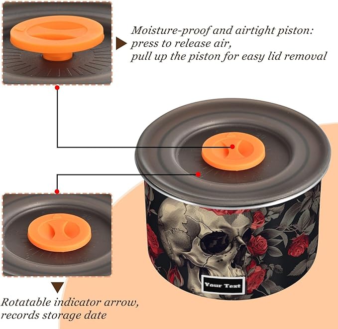 ALAZA Skull Red Rose Flower Floral Kitten Cats Airtight Coffee Bean Canister Customed 900ml Food Storage Containers with Lids For Gournd, Tea, Sugar, Flour, Rice, Cereal, Candy Cookie Jar
