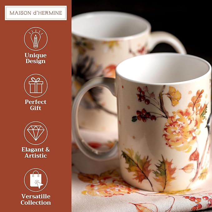Maison d' Hermine Coffee Mug with Handles Fine Bone China Mugs Pack of Two Tea Cups for Hot Beverages Cappuccino Latte Home Restaurant Office Perfect for Gift (Kelim - Prairie, 15 Ounce)