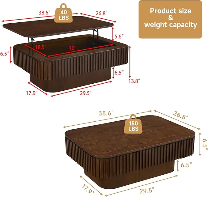SZTHHDF Lift Top Coffee Table for Living Room,Rectangle Handmade Solid Wood Strips, Fluted Coffee Table with Hidden Storage Compartment Small Space Office Apartment (38.6" L×26.8''W×13.8''H-Walnut)