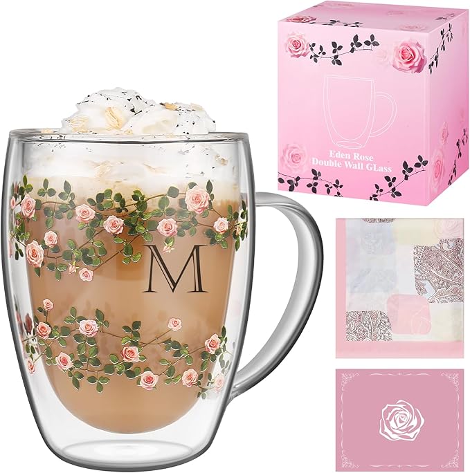 Initial Glass Cup for Women, 12oz Rose Double Walled Glass Coffee Mugs, Personalized Gifts for Women, Initial Coffee Tea Mug with Scarf, Birthday Wedding Gifts for Her Mom Teacher (ROSE-M)