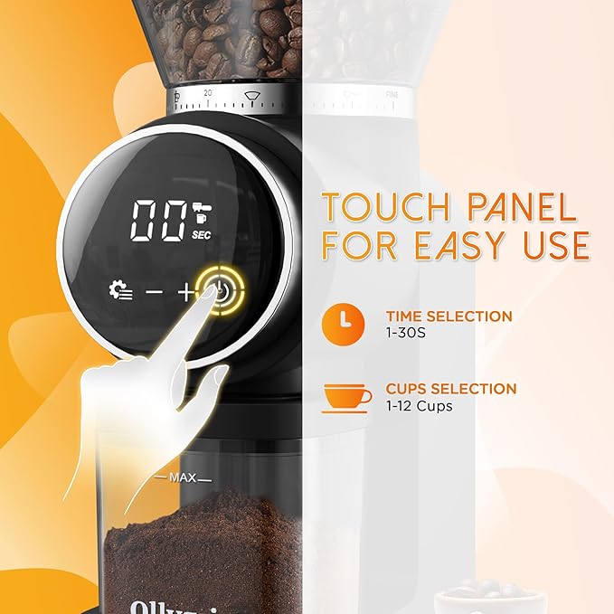 Burr Coffee Grinder Electric, Conical Coffee Grinder with Adjustable Grinding, Touchscreen Burr Mill Grinder for Home, Up to 12 Cups, Upgraded for Espresso, Drip & French Press