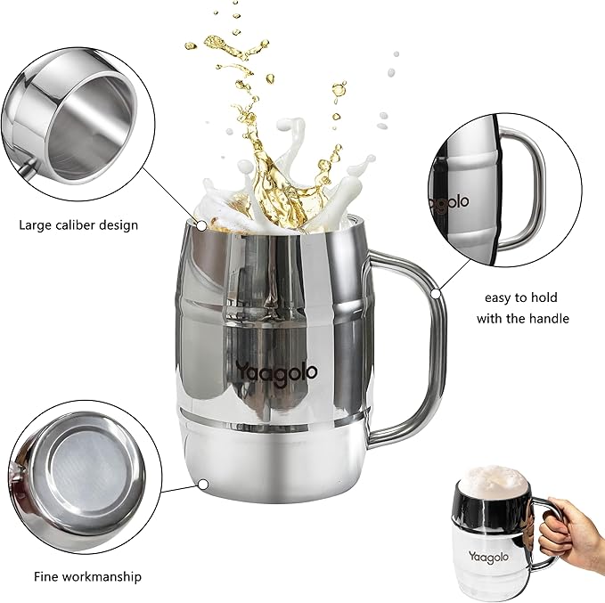 Insulated Beer Stein, 32oz Stainless Steel Double Walled Beer Mug Giant Bar Drinkware Metal Beer Cup with Big Grip Handle (32oz 1pack)