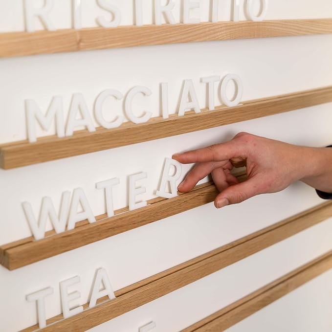 Inko Horeca Wooden Wall Letter Board - Set of 10 Oak Rails + 400 Changeable White Letters - Floating Wall Menu Display Shelf for Cafe, Bar, Kitchen, and Home Decor