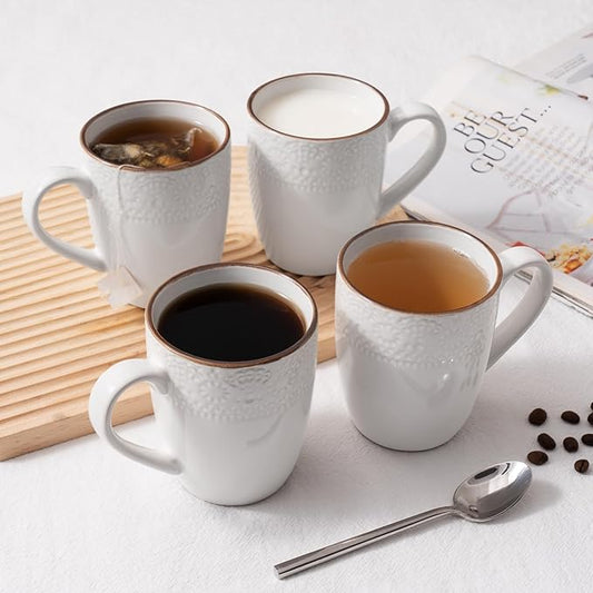 famiware Coffee Mugs Sets for 4, 12 oz Mug Set, Coffee Cups with Handle for Coffee, Tea, Cocoa and Milk, Microwave and Dishwasher Safe, White Floral