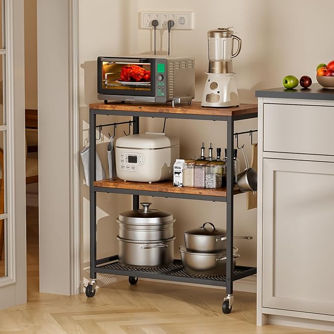 3 Tier Rolling Kitchen Microwave Cart with 6 Hooks, Utility Cart Storage Table Stand on Lockable Wheels, Small Coffee Shelf Rack Organizer,Brown