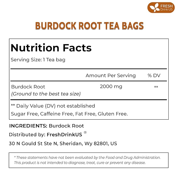 FreshDrinkUS, Premium 120 Burdock Root Tea Bags, 100% Natural & Pure, Herbal Tea. Made with Natural Material Tea Bags. No Sugar, No Caffeine, No Gluten, Vegan.