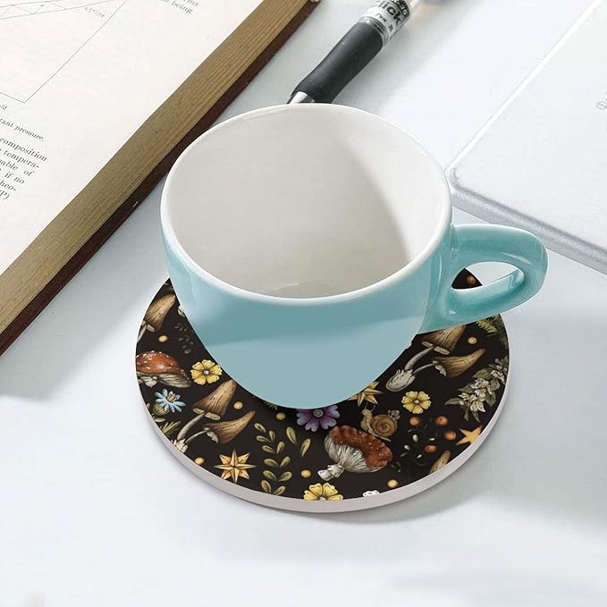 Round-4PCS Botanical Ceramic Coasters, Round Absorbent Drink Coasters, Cartoon Botanical Floral Rustic Plant Leaves Mushroom Ceramic Table Coasters for Coffee, Beverage, Wine, Beer Coasters