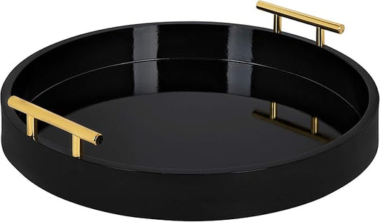 Kate And Laurel Lipton Modern Round Tray, 18" Diameter, Black and Gold, Decorative Accent Tray for Storage and Display