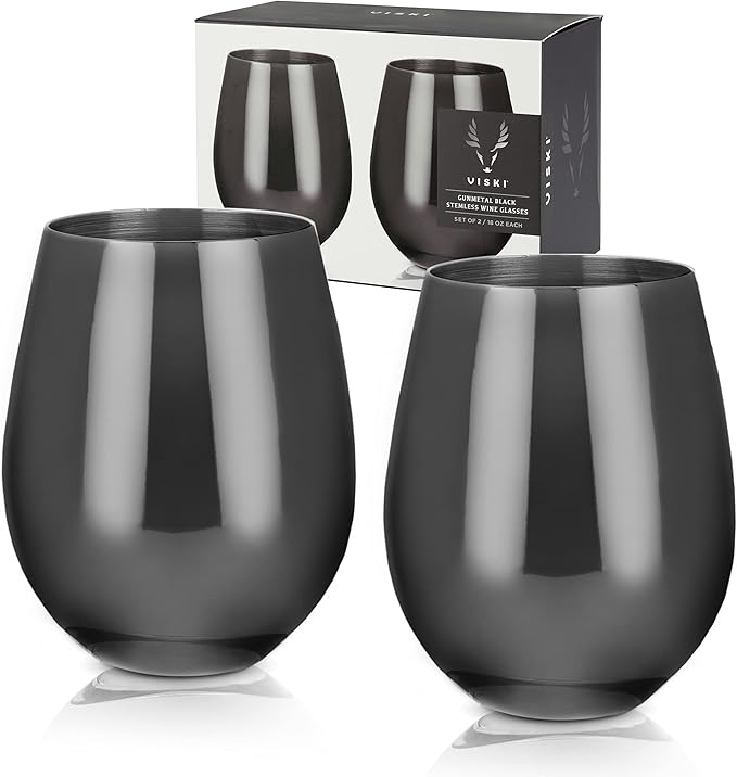 Viski Gunmetal Stainless Steel Wine Glasses, Modern Wine Tumblers, Elegant Drinking Glasses for Red and White Wines, Wedding Gifts, Holiday, Birthday Party, Home Bar, Drinkware Set of 2, 18 oz, Black