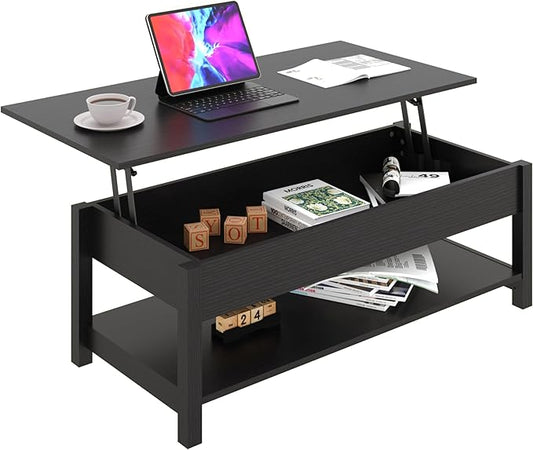 Panana Lift Top Coffee Table with Hidden Compartment and Open Shelf, Lift Tabletop Pop-Up Tea Table for Living Room, 45.28" L, Black