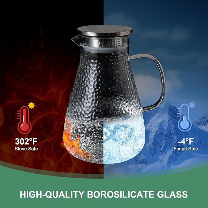 2.0 Liter 68 oz Glass Pitcher with Lid and Spout,2pcs set,Glass Carafe for Hot/Cold Water, Large Iced Tea Pitcher for Iced Coffee, Milk,Juice,Homemade Beverage,and Drinks