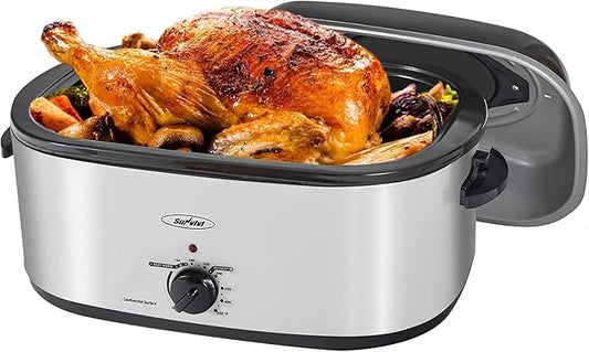 Sunvivi Electric Roaster,20 Quart Roasting Oven with Self-Basting Lid Removable Pan,Turkey Roaster Oven with 150 to 450F Temperature Control Cool-Touch Handles,Silver