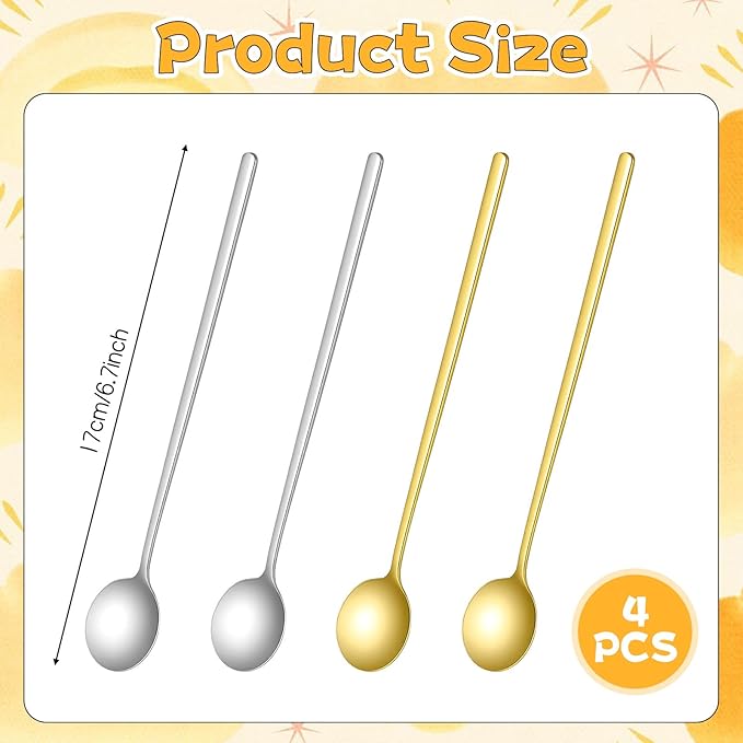 4 PCS Coffee Spoons Stainless Steel, 6.7 Inch Hot Chocolate Spoons Gold and Silver Cocktail Spoon, Tiny Ice Cream Spoon Tea Silver, Coffee Bar Accessories for Christmas Stirring Tea Desserts, Etc