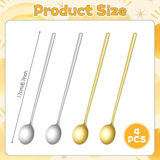 4 PCS Coffee Spoons Stainless Steel, 6.7 Inch Hot Chocolate Spoons Gold and Silver Cocktail Spoon, Tiny Ice Cream Spoon Tea Silver, Coffee Bar Accessories for Christmas Stirring Tea Desserts, Etc