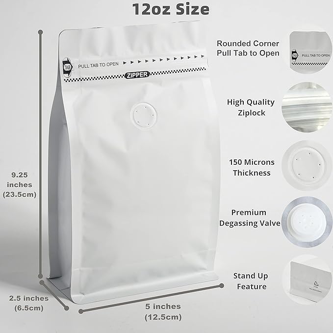 12oz 50pcs High Barrier Wihite Coffee Bags with Aluminum Foil Liner, Resealable Coffee Pouches with Degassing Valve, Ziplock Food Storage Bags with Pull Tape, 12oz/0.75lb/340gram, Pack of 50