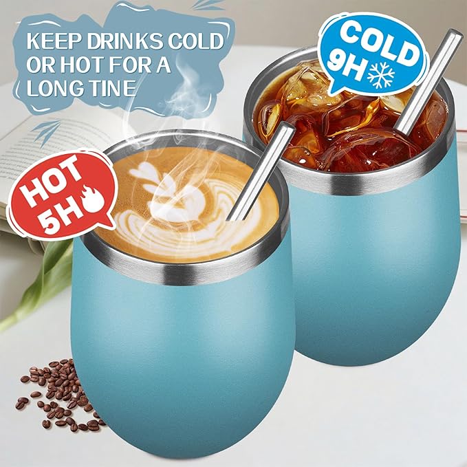 12oz/4 Pack Stainless Steel Wine Tumbler with Lid and Straw, Double Wall Vacuum Insulated Wine Tumbler Glasses, Stemless Travel Mugs for Hot and Cold Drinks, Coffee, Wine, Cocktails (Maya Blue)