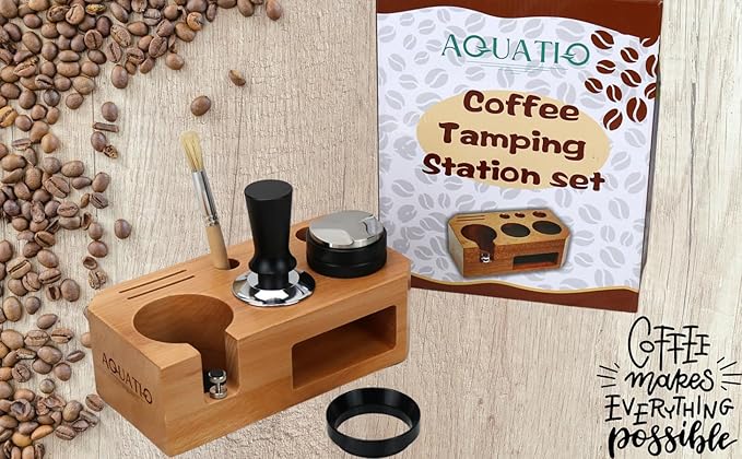 Espresso Tamping Station With Tools - 58mm - Includes Tamper, Distributor, Dosing Funnel & Brush - Wooden Coffee Tamper Station - Espresso Organizer & Portafilter Holder, Best Gift for Coffee Lovers