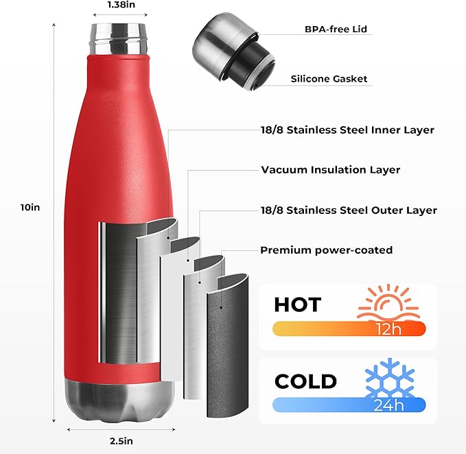MEWAY 17oz Sport Water Bottle 12 Pack Vacuum Insulated Stainless Steel Leak-Proof Double Wall Cola Shape Water Bottle,Keep Drinks Hot & Cold (Red,12 Pack)